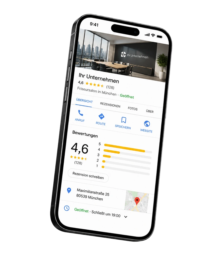 Smartphone zeigt das Google-Unternehmensprofil von „Ihr Unternehmen“ mit 4,6 von 5 Sternen.